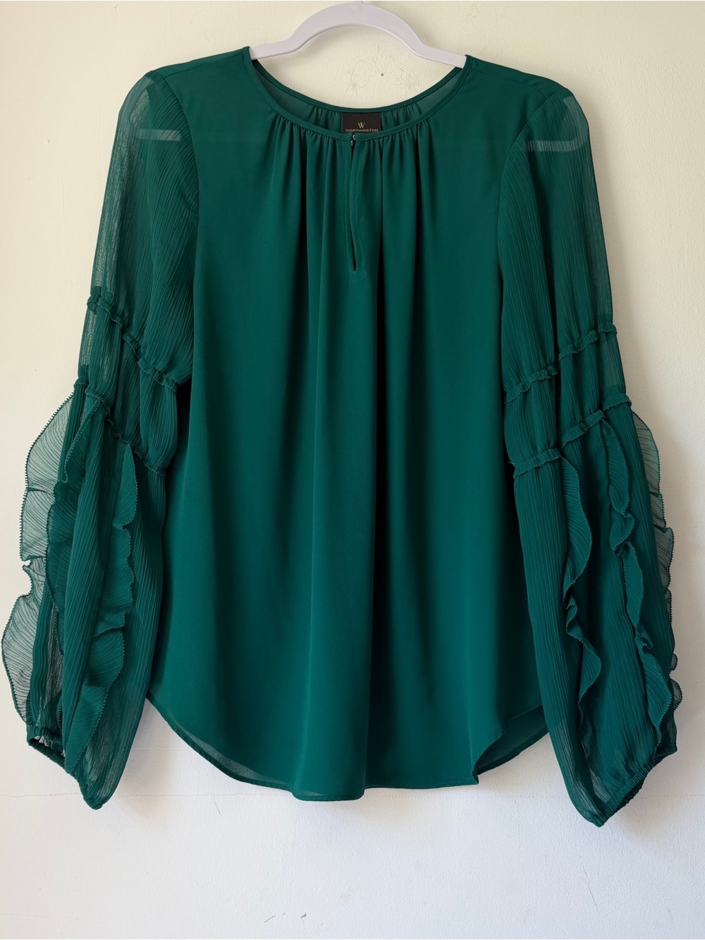 Worthington L Emerald Green Ruffle-Sleeve Blouse